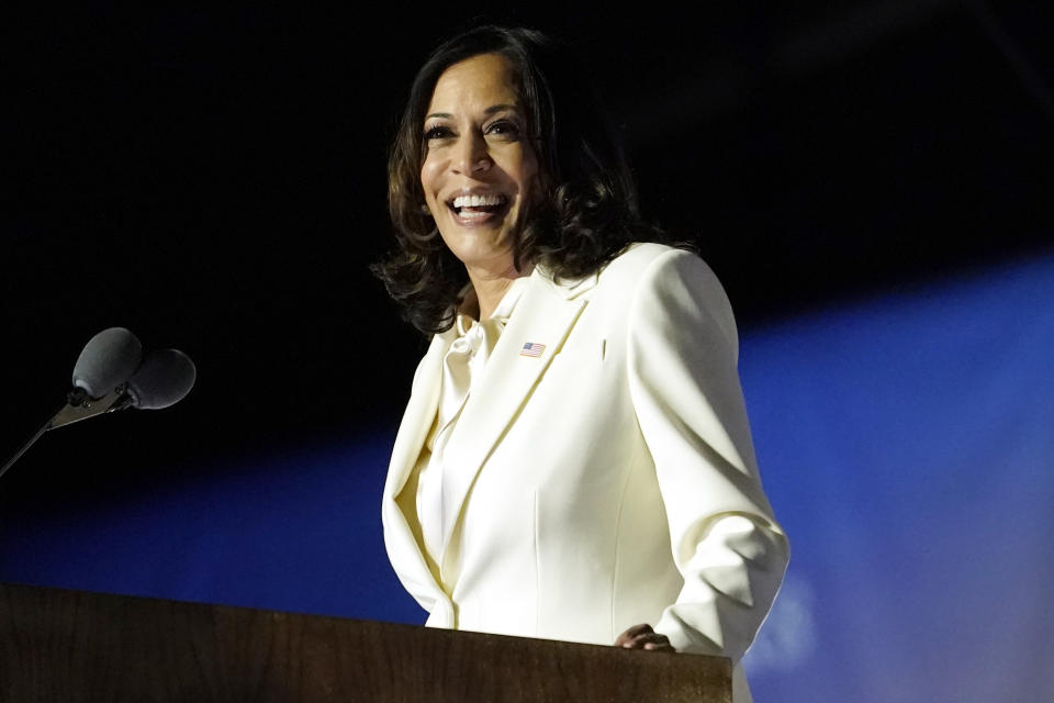 FIL - In this Nov. 7, 2020, file photo Vice President-elect Kamala Harris speaks in Wilmington, Del. Harris will make history Wednesday, Jan. 20, 2021, when she becomes the nation’s first Black, South Asian and female vice president. (AP Photo/Andrew Harnik, File)