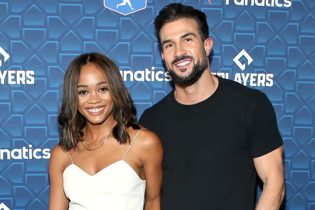 <p> Phillip Faraone/Getty Images for Fanatics </p> (L-R) Rachel Lindsay and Bryan Abasolo are pictured attending the 'Players Party' co-hosted by Michael Rubin, MLBPA and Fanatics at City Market Social House on July 18, 2022 in Los Angeles, California.