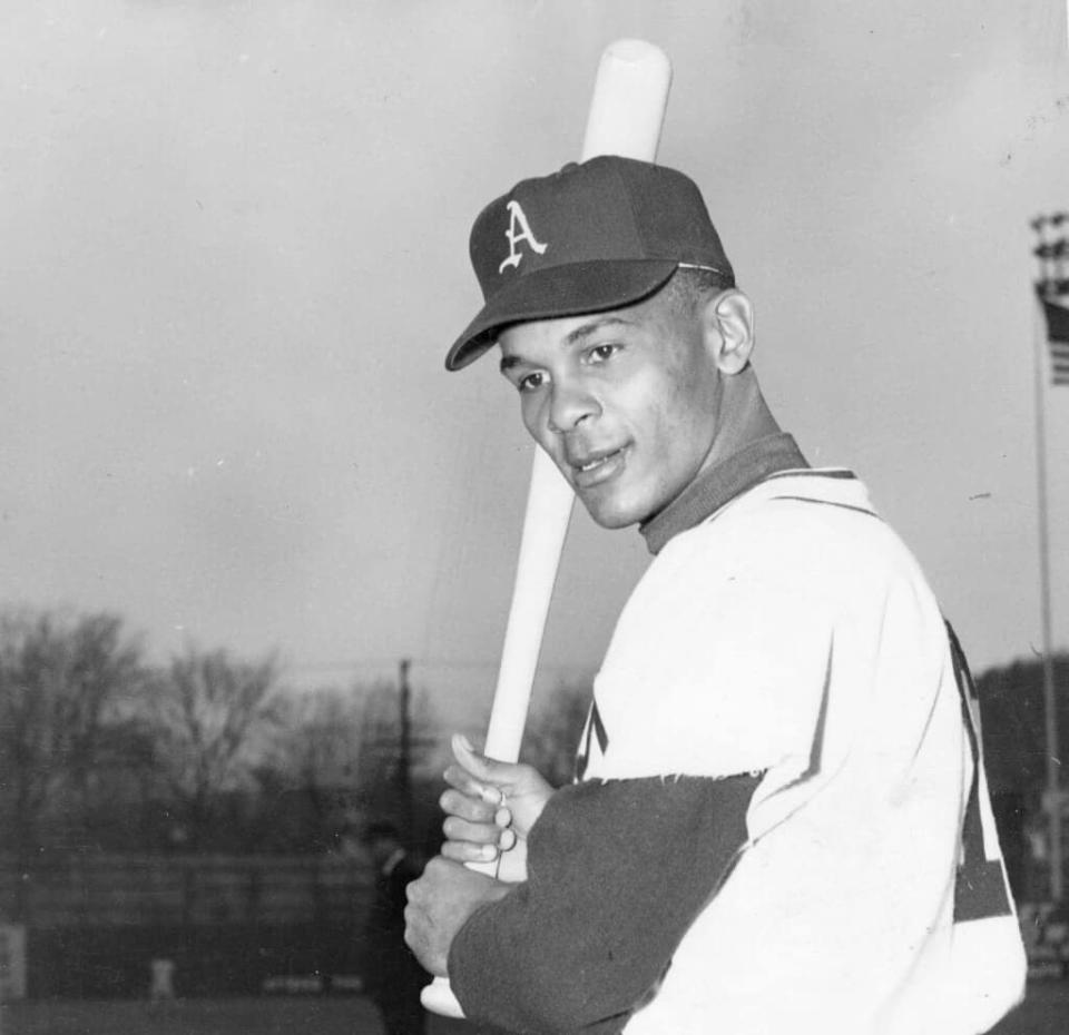 Portrait of Panamanian-born baseball player Hector Lopez, of the Kansas City Athletics poses, as he poses with a bat in his hands, Kansas City, Missouri, April 1955. The photo was taken at the start of his debut Major League baseball season. (Photo by Transcendental Graphics/Getty Images)