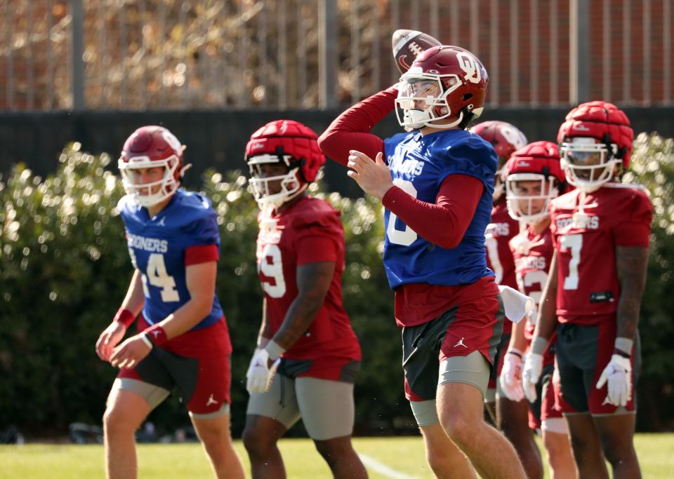 OU football opened spring practice Tuesday, with offensive coordinator Jeff Lebby praising freshman quarterback Jackson Arnold (10).