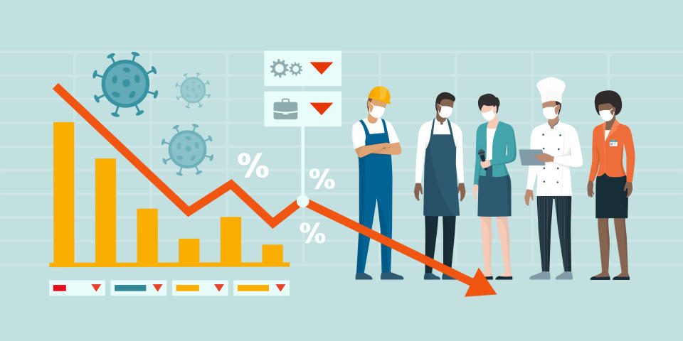 Impact on jobs of coronavirus covid-19: financial crisis and unemployment, workers standing next to a financial chart showing economic recession