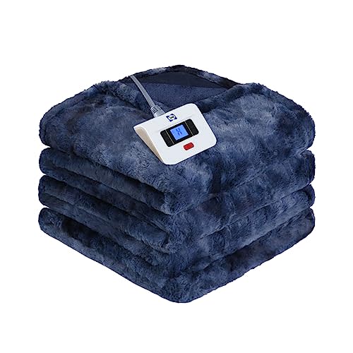SEALY Electric Blanket Full Size, Heated Blanket Faux Fur & Flannel with 10 Heating Levels & 1-12 Hours Auto Shut Off, Fast Heating Warming Blanket, Machine Washable, Navy Blue, 80 x 84 Inch