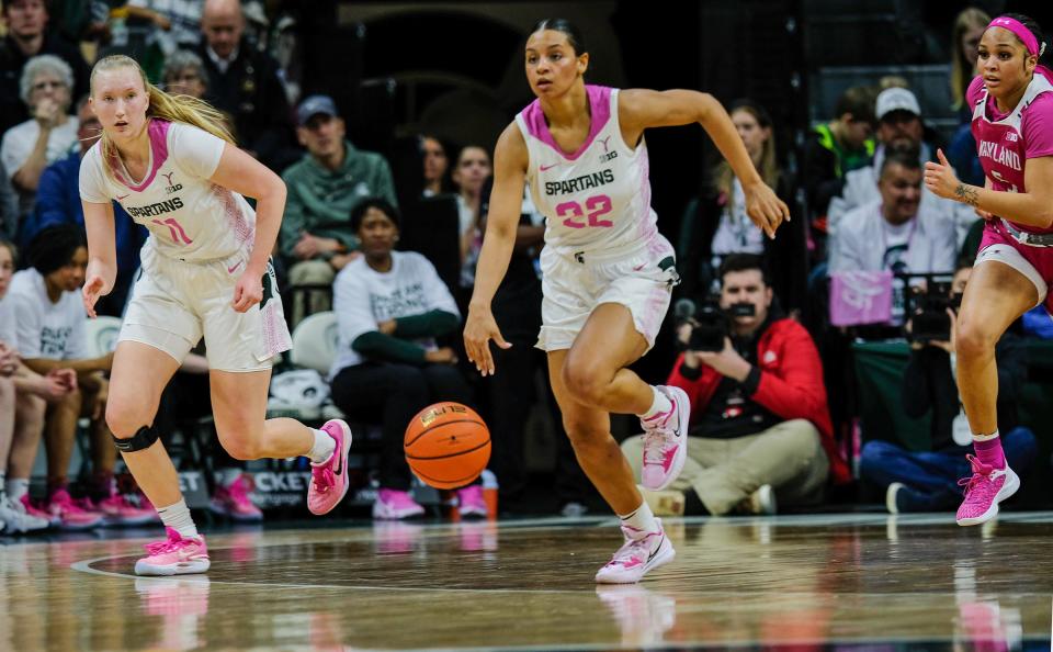 Michgan State's Moira Joiner (22) and Matilda Ekh (11) move the ball against Maryland at the Breslin Center dSaturday, Feb. 18, 2023.