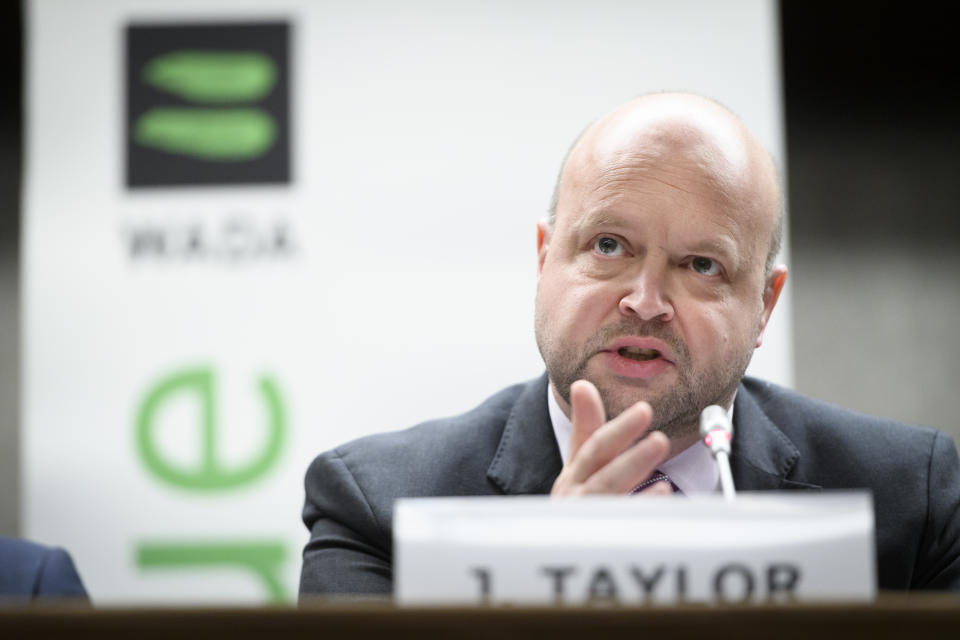 Chair of the Compliance Review Committee (CRC) Jonathan Taylor speaks during a press conference after the WADA's extraordinary Executive Committee (ExCo) on the Russian doping data manipulation, in Lausanne, Switzerland, Monday, Dec. 9, 2019. WADA bans Russia from international sporting events for four years. (Laurent Gillieron/Keystone via AP)