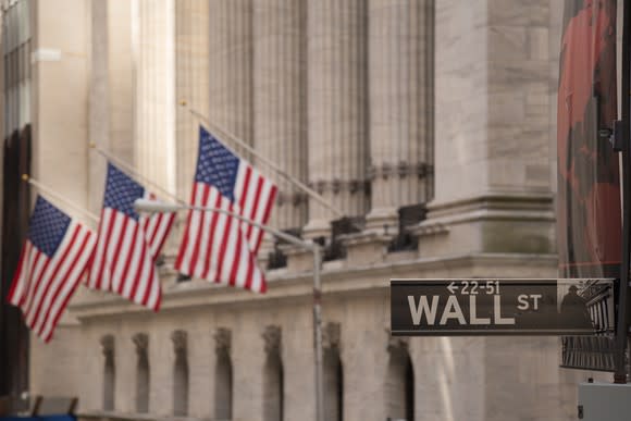 American flags hang in front of the stock exchange