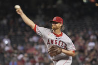 Los Angeles Angels pitcher Alex Cobb throws against the Arizona Diamondbacks in the first inning during a baseball game, Saturday, June 12, 2021, in Phoenix. (AP Photo/Rick Scuteri)