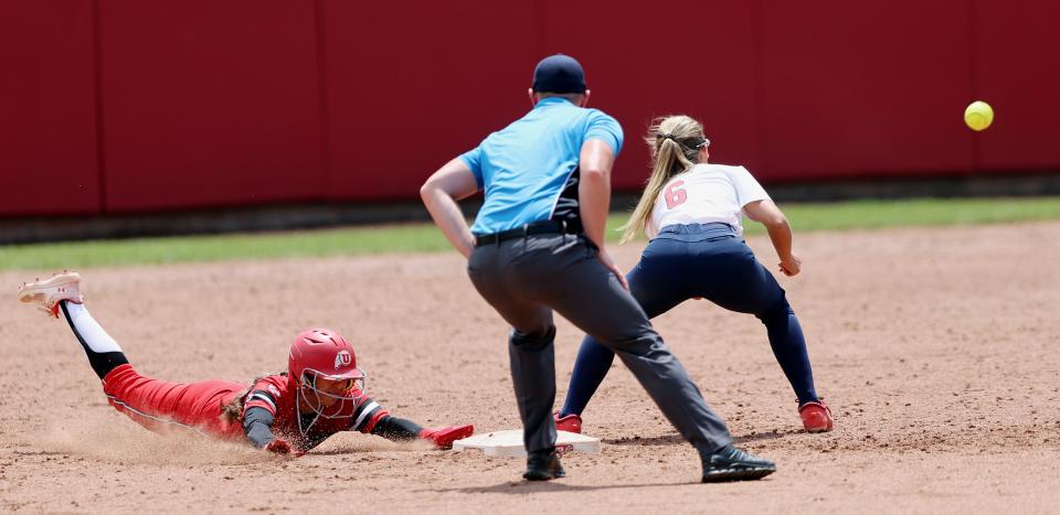 Utah’s Aliya Belarde, beats the throw to second base as the University of Utah softball team plays Ole Miss in NCAA softball regional championship at Utah in Salt Lake City on Sunday, May 21, 2023. Utah won 4-1. | Scott G Winterton, Deseret News