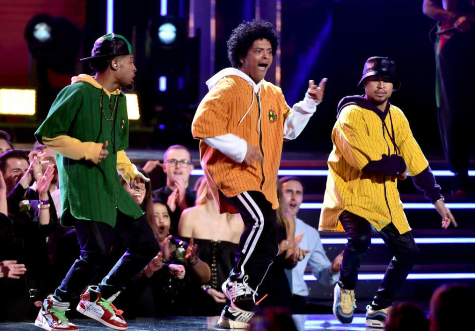 Recording artist Bruno Mars (centre) performing at the 60th Annual Grammy Awards on 28 January 2018. (PHOTO: Getty Images)
