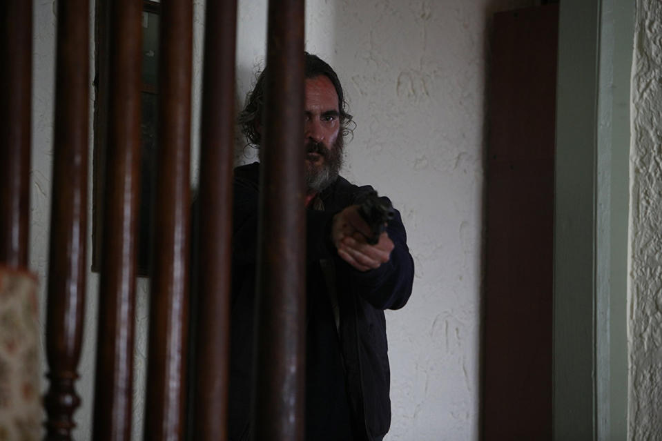 Phoenix says he researched “toxic stress and repeated abuse” and how they affect the brain to explore his character, Joe, in <em>You Were Never Really Here</em>. (Photo: Amazon Studios)