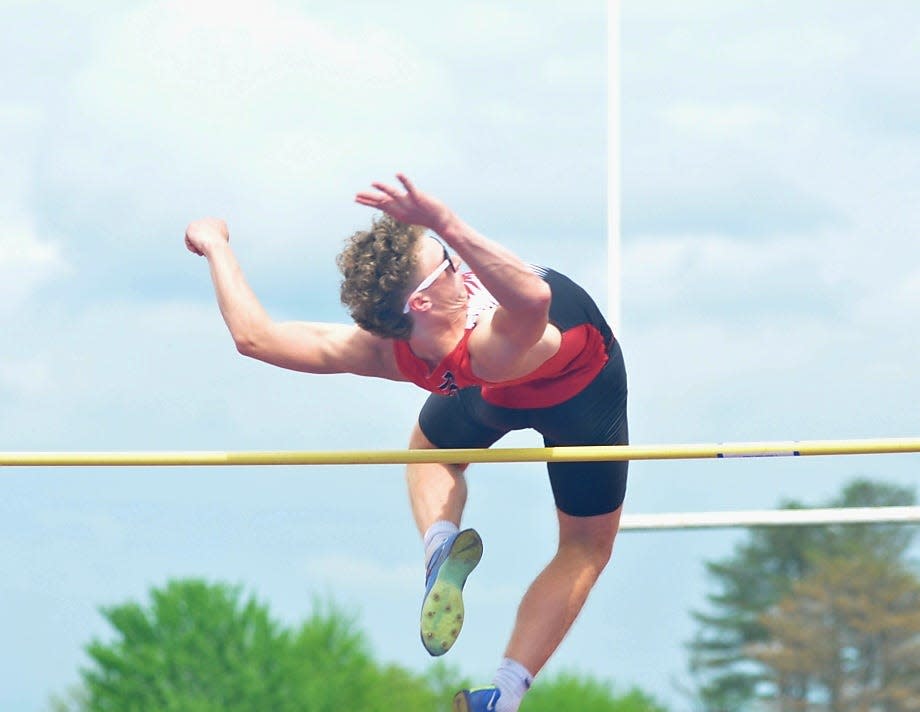 Conemaugh Township's Jackson Sotosky clears the bar in the boys high jump at the Heritage Conference track and field championships, May 7, in Armagh.