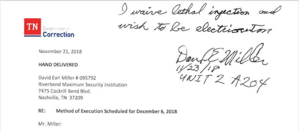 David Earl Miller, a condemned inmate, chose on Nov. 23, 2018, the method by which he would be executed. In a handwritten note, he asked to be electrocuted.