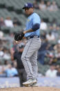 Tampa Bay Rays relief pitcher Manuel Rodríguez reacts as he looks at Chicago White Sox's Eloy Jiménez after Eloy Jiménez hit a single during the eighth inning of a baseball game in Chicago, Sunday, April 28, 2024. (AP Photo/Nam Y. Huh)