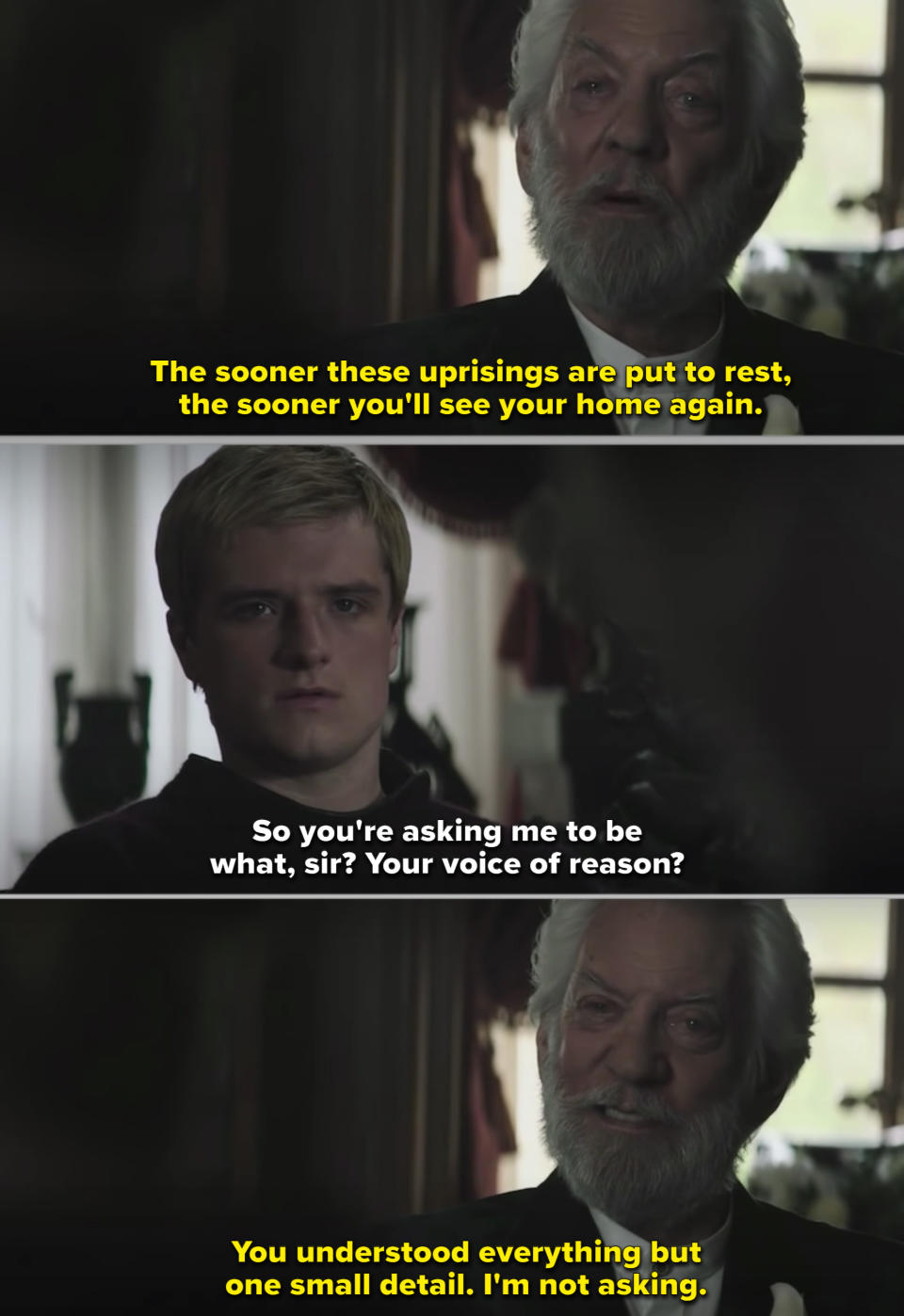 President Snow and Peeta talking in his house