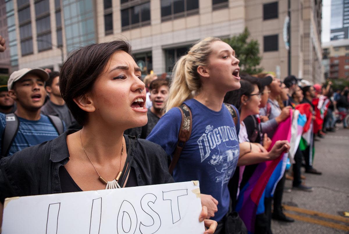 UT Austin students protest in downtown Austin following Donald Trump's presidential victory, Nov. 9, 2016.