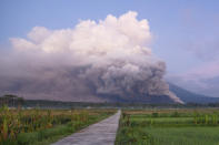 Mount Semeru releases volcanic materials during an eruption on Sunday, Dec. 4, 2022 in Lumajang, East java, Indonesia. Indonesia’s highest volcano on the country’s most densely populated island of Java erupted Sunday. (AP Photo)