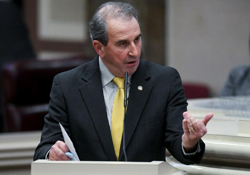 Rep. Steve Clouse speaks during the opening of the legislative session in the house chamber at the Alabama Statehouse in Montgomery, Ala., on Tuesday January 11, 2022.