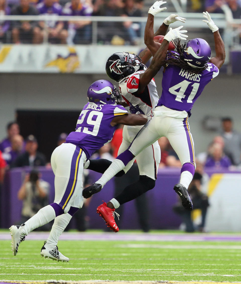 Anthony Harris #41 and Xavier Rhodes #29 of the Minnesota Vikings break up a pass intended for Julio Jones #11 of the Atlanta Falcons in the first quarter at U.S. Bank Stadium on September 8, 2019 in Minneapolis, Minnesota. (Photo by Adam Bettcher/Getty Images) *** Local Caption *** Anthony Harris; Xavier Rhodes; Julio Jones