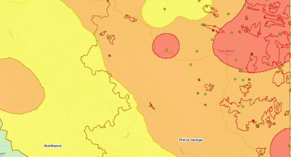 The fire danger rating around Fort Nelson, in B.C.'s far northeast, is rated as "extreme" (red) or "high" (orange).