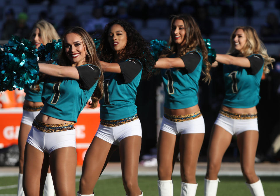 <p>Jacksonville Jaguars cheerleaders perform on the field prior to the start of their game against the Seattle Seahawks at EverBank Field on December 10, 2017 in Jacksonville, Florida. (Photo by Sam Greenwood/Getty Images) </p>