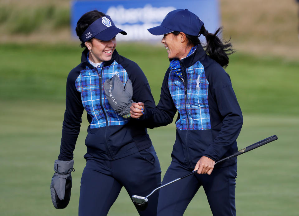 Great Britain's Georgia Hall and France's Céline Boutier beat Americans Lexi Thompson and Brittany Altomare to secure Europe's first point of the 2019 Solheim Cup 