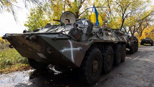 PHOTO: Armored personnel carriers head to the front lines on Oct. 4, 2022 outside of Kramatorsk, in the Donetsk District in Ukraine. (Paula Bronstein/Getty Images)