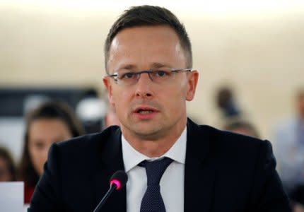 FILE PHOTO: Hungarian Foreign Minister Peter Szijjarto addresses the Human Rights Council at the United Nations in Geneva, Switzerland September 19, 2018. REUTERS/Denis Balibouse