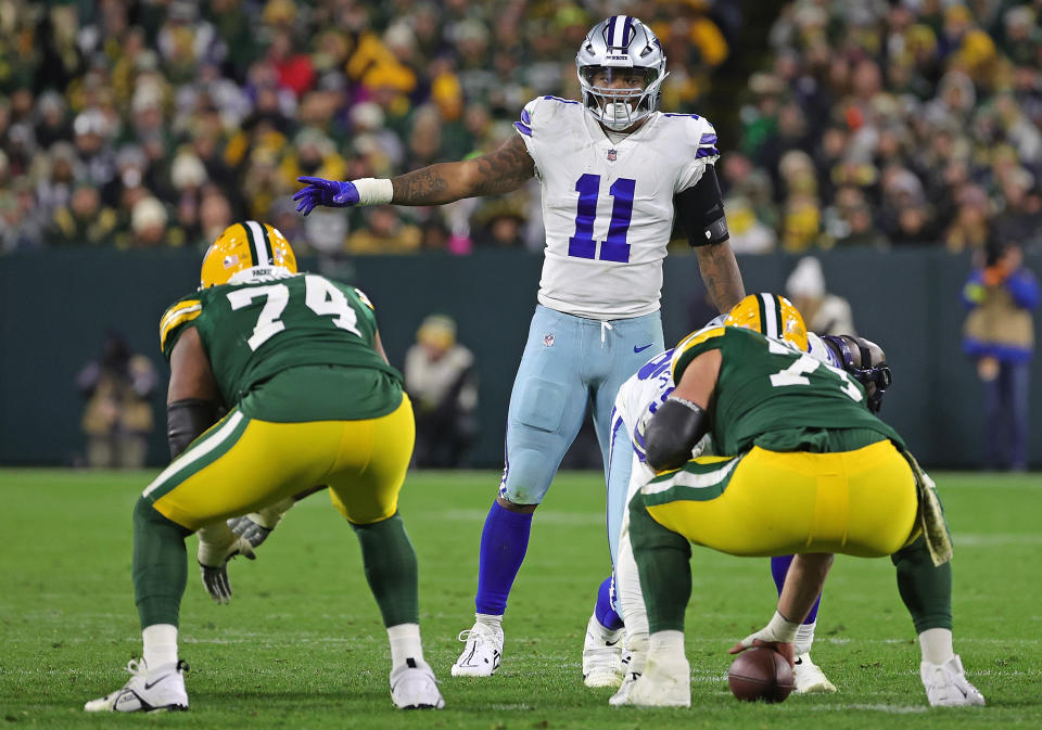 GREEN BAY, WISCONSIN - NOVEMBER 13: Micah Parsons #11 of the Dallas Cowboys anticipates a play during a game against the Green Bay Packers at Lambeau Field on November 13, 2022 in Green Bay, Wisconsin. The Packers defeated the Cowboys 31-28 in overtime. (Photo by Stacy Revere/Getty Images)