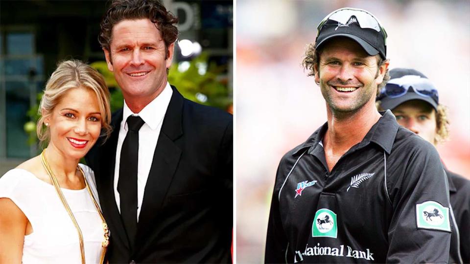 Chris Cairns and his wife Melanie (pictured left) and Cairns (pictured right) as he leaves the field playing for New Zealand.