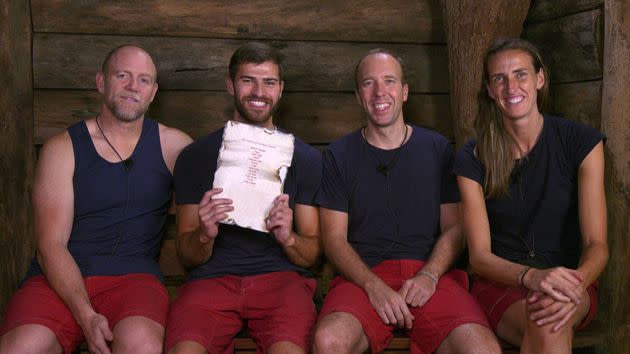 Mike Tindall with this year's I'm A Celebrity finalists Owen Warner, Matt Hancock and Jill Scott