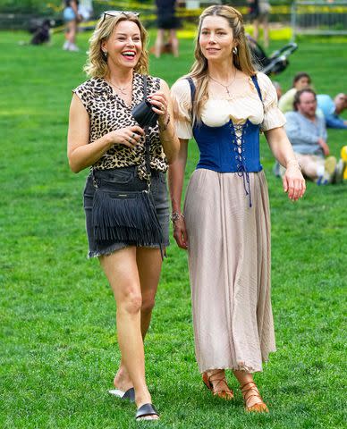 <p>TheImageDirect.com</p> Jessica Biel and Elizabeth Banks are pictured on set of The Better Sister in New York City on June 17, 2024.