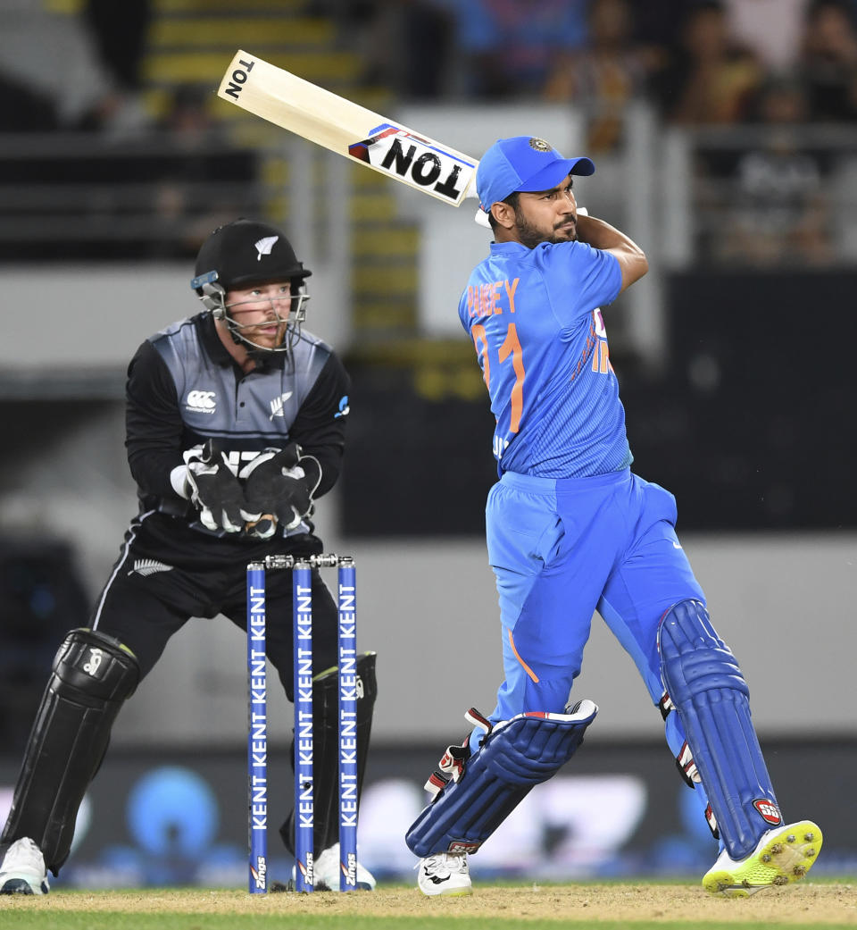 India's Manish Pandy bats during the Twenty/20 cricket international between India and New Zealand in Auckland, New Zealand, Friday, Jan. 24, 2020. (Andrew Cornaga/Photosport via AP)