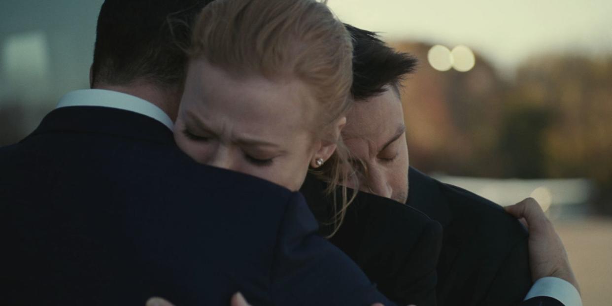 jeremy strong, sarah snook and kieran culkin hugging in season 4 episode 3 of succession