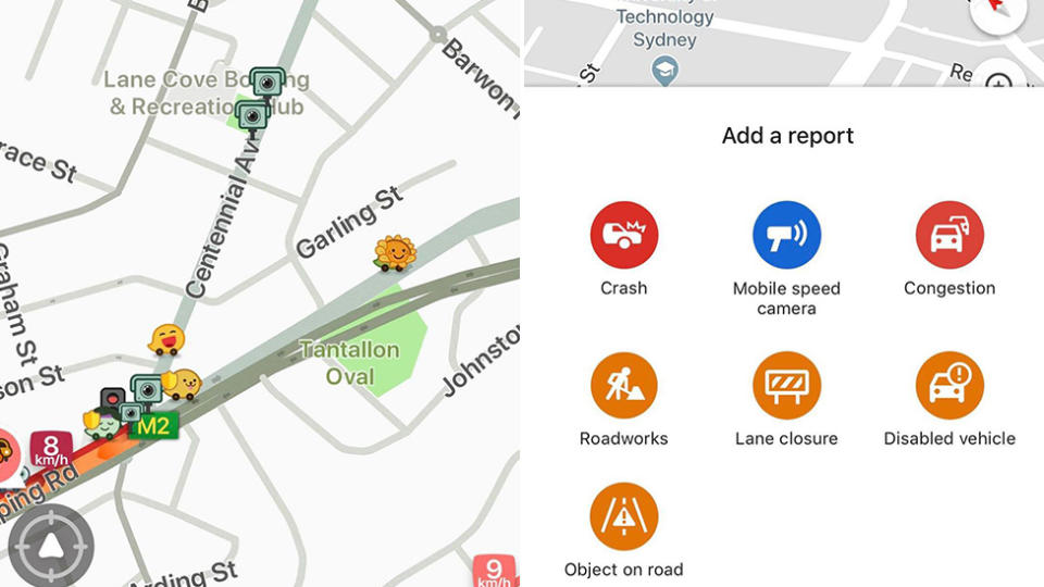 Through apps like Waze (left), motorists can see upcoming speed cameras on their phone and Google Maps (right) now allows for people to add the location of a mobile speed camera. Source: Waze/Google Maps.