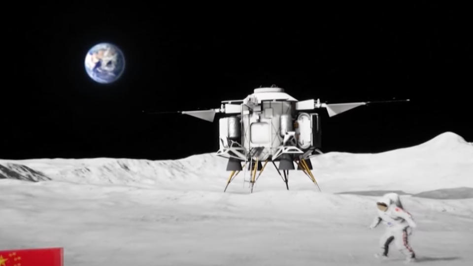 Artist's illustration of an astronaut on the moon, with a large white lander and the distant earth in the background