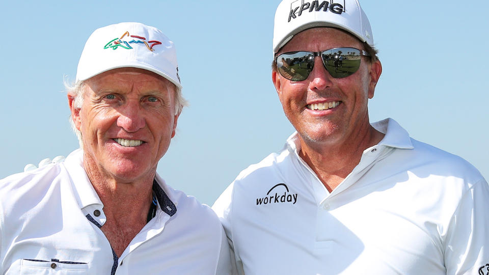 Greg Norman and Phil Mickelson at the PIF Saudi International in February. (Photo by Luke Walker/WME IMG/WME IMG via Getty Images)