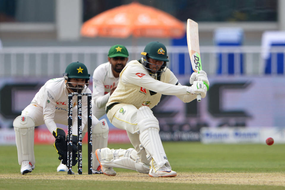 Usman Khawaja, pictured here in action for Australia in the first Test against Pakistan.