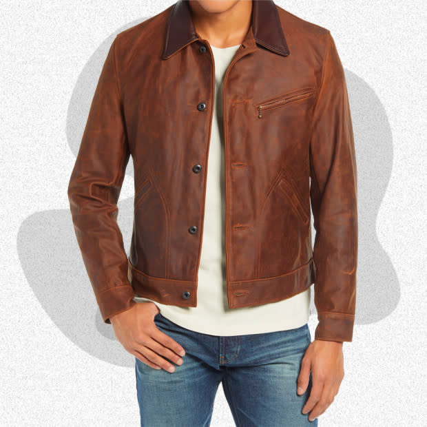 <p>Courtesy of Nordstrom</p><p>Aside from their work in the motorcycle scene, the legendary brand’s other styles are well worth a look, too. Inspired by workwear, Schott's Mechanic's Jacket is constructed with sturdy-yet-supple hand-buffed nubuck for superior style. It features a blue cotton chambray lining for added comfort, and details like a goatskin leather contrast collar and metal donut shank buttons really make it a standout.</p><p>[$960; <a href="https://click.linksynergy.com/deeplink?id=b8woVWHCa*0&mid=1237&u1=mj-bestleatherjackets-jzavaleta-080423-update&murl=https%3A%2F%2Fwww.nordstrom.com%2Fs%2Fschott-nyc-leather-mechanics-jacket%2F5799358%3F" rel="nofollow noopener" target="_blank" data-ylk="slk:nordstrom.com;elm:context_link;itc:0;sec:content-canvas" class="link ">nordstrom.com</a>]</p>