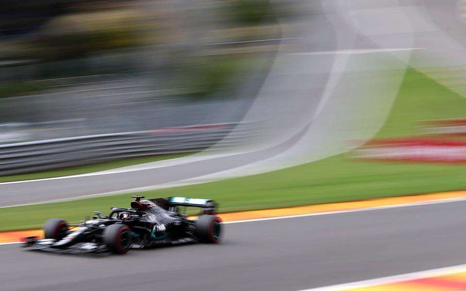 Lewis Hamilton of Britain steers his car during the qualifying session prior to the Formula One Grand Prix at the Spa-Francorchamps racetrack in Spa, Belgium Saturday, Aug. 29, 2020 - Lars Baron, Pool via AP)