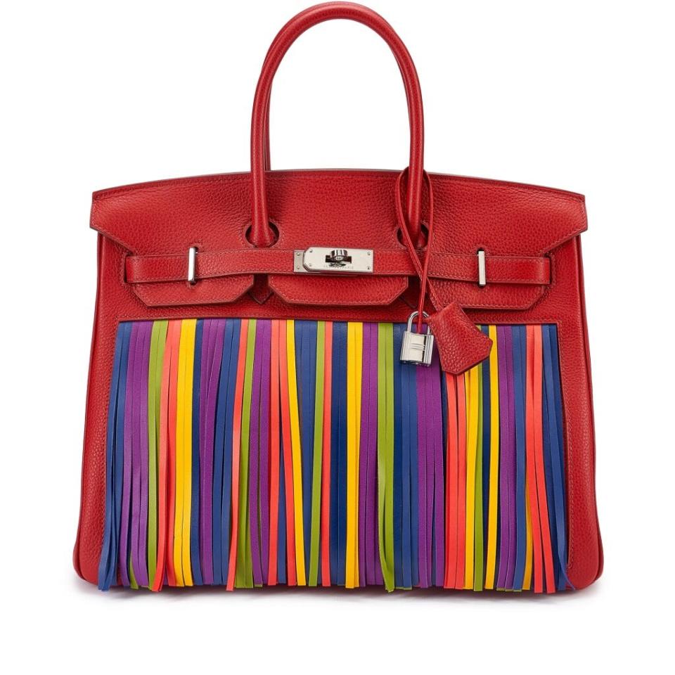 Red Hermes Birkin bag with colorful fringe on front