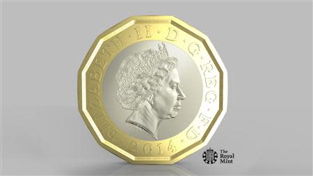 The new British 1-pound coin is seen in this undated handout photo from HM Treasury. Britain plans to replace its 1-pound coin in 2017 with "the most secure coin in circulation in the world" as it cracks down on fake currency. REUTERS/HM Treasury/Handout