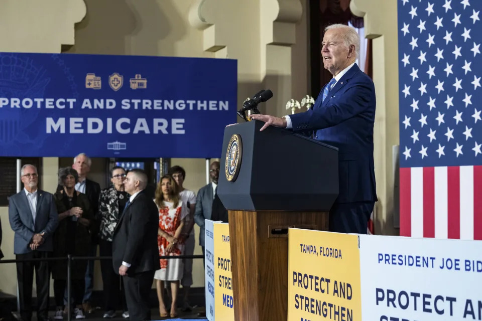 President Joe Biden delivers remarks on Social Security and healthcare costs at University of Tampa, Fla. on Feb. 9, 2023. (Haiyun Jiang/The New York Times)