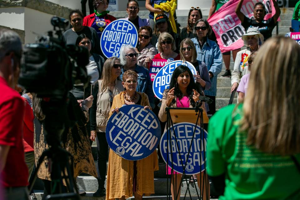 Rep. Anna Eskamani speaks during a press conference to voice her opposition to the near total abortion ban bill being voted on by the Senate later this week Wednesday, March 29, 2023. 