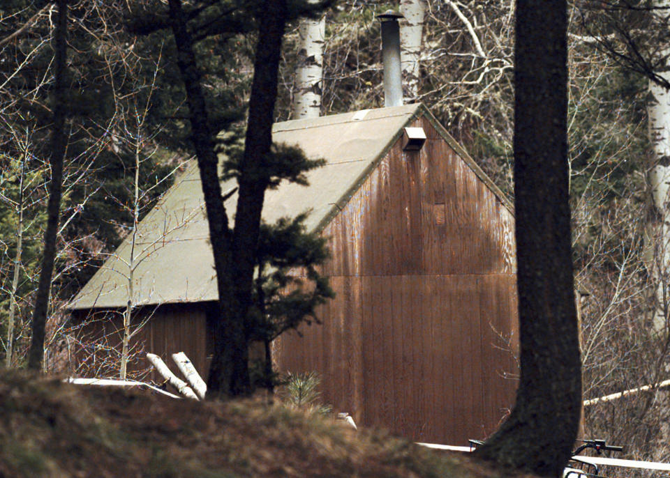 FILE - This April 6, 1996 file photo shows Ted Kaczynski's cabin in the woods of Lincoln, Mont. Kaczynski, known as the “Unabomber,” has died in federal prison, a spokesperson for the Bureau of Prisons told The Associated Press on Saturday, June 10, 2023. (AP Photo/Elaine Thompson, File)