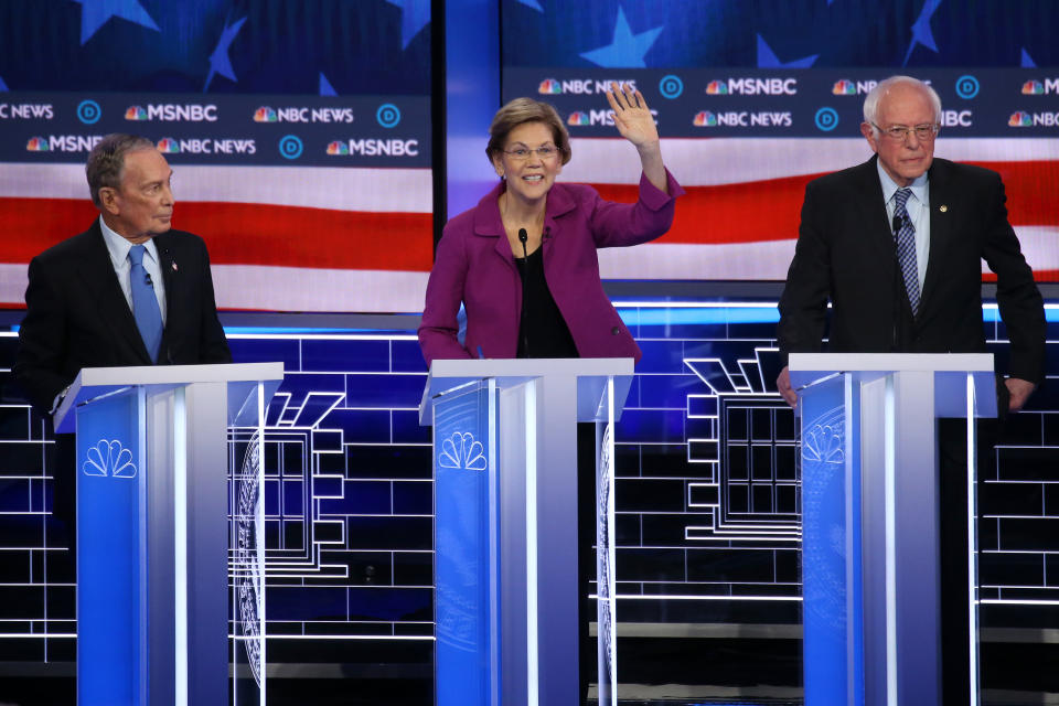 Democratic presidential candidates (L-R) former New York City Mayor Mike Bloomberg,  a Sen. Elizabeth Warren (D-MA),  and Sen. Bernie Sanders (I-VT) participate in the Democratic presidential primary debate at Paris Las Vegas on February 19, 2020 in Las Vegas, Nevada. (Mario Tama/Getty Images)