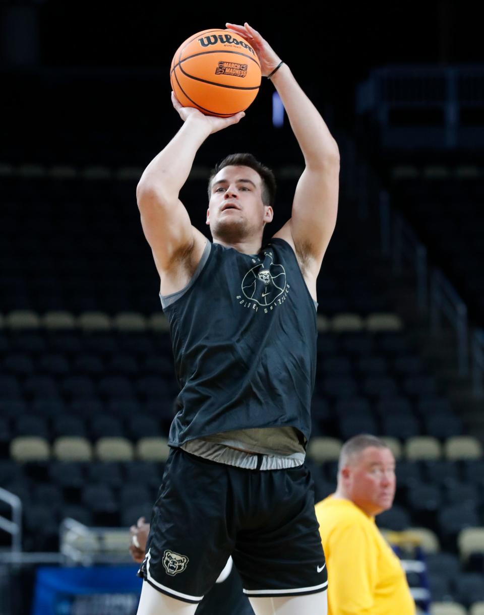 Oakland guard Jack Gohlke during practice on Wednesday, March 20, 2024, in Pittsburgh, before their NCAA tournament first round game.