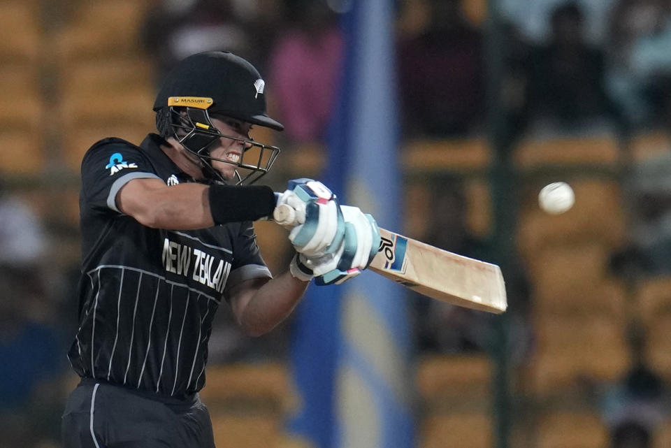 New Zealand's Mark Chapman during the ICC Men's Cricket World Cup match between New Zealand and Sri Lanka in Bengaluru, India, Thursday, Nov. 9, 2023. (AP Photo/Aijaz Rahi)