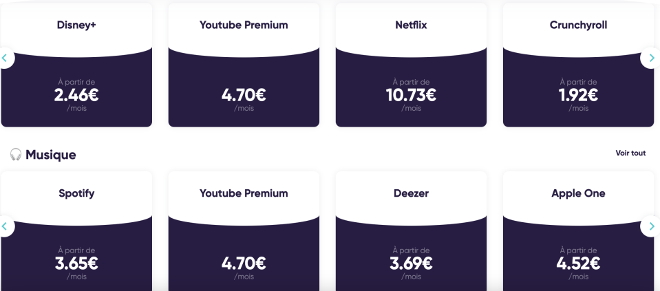 L'interface de Spliiit avec Spotify, Disney+, Deezer et de nombreux autres services (Crédit : spliiit.com/fr)