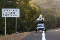 PERTH, AUSTRALIA - JULY 15: Stormtrooper Paul French is pictured on day 5 of his over 4,000 kilometre journey from Perth to Sydney walking down Old Mandurah Road on July 15, 2011 in Perth, Australia. French aims to walk 35-40 kilometres a day, 5 days a week, in full Stormtrooper costume until he reaches Sydney. French is walking to raise money for the Starlight Foundation - an organisation that aims to brighten the lives of ill and hostpitalised children in Australia. (Photo by Paul Kane/Getty Images)