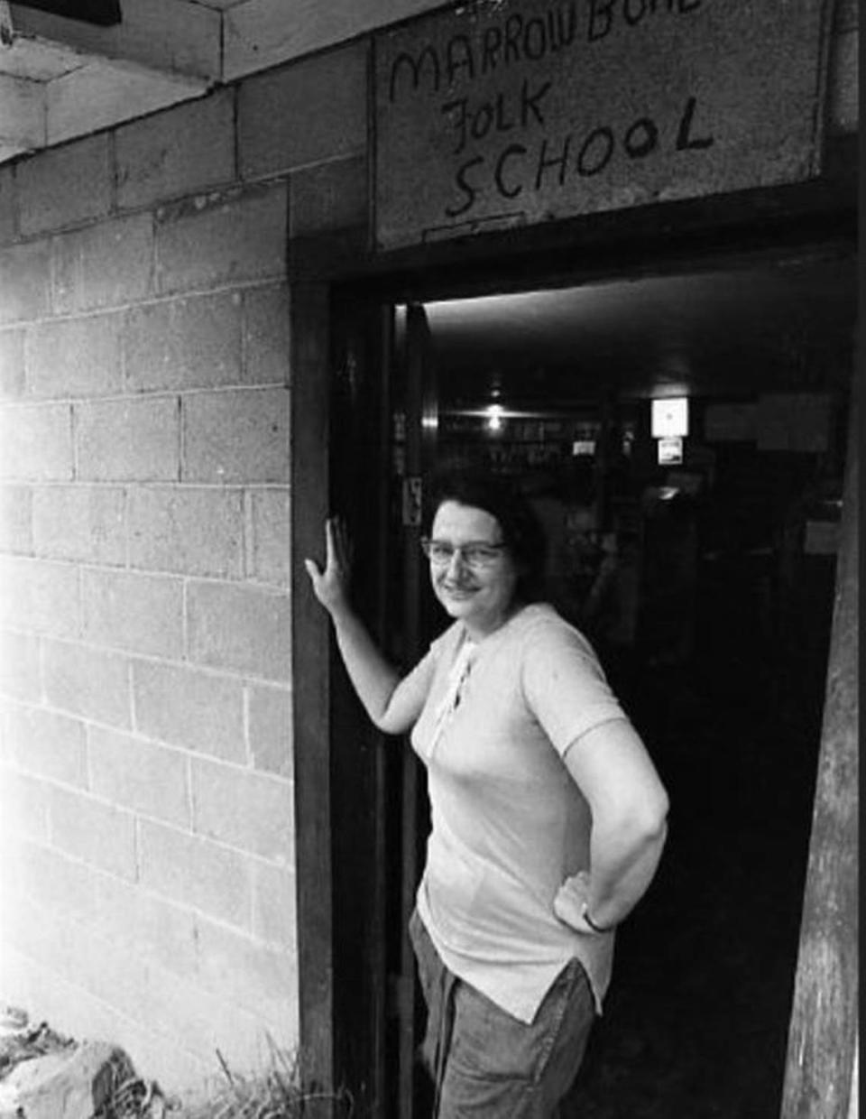Edith Easterling in the doorway of the Appalachian Volunteers’ Marrowbone Folk School in Pike County.