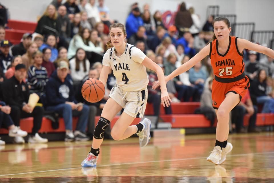Yale's Sadie Dykstra pushes the ball during a Division 2 district final against Armada at St. Clair High School on Friday.